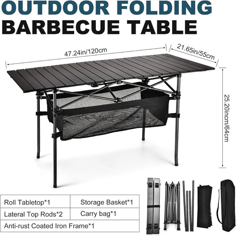 Lightweight Aluminum Folding Camping Table With Portable Roll Up Design For Outdoor Dining On The Go No Fuss Easy Setup 47 Inch By 22 Inch By 27 Inch Waterproof With Carrying Bag For Camping Beach Patio Picnic, showing a folding table with mesh basket and accessories.
