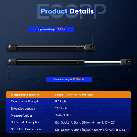 Ford Front Hood Lift Supports Gas Springs For Expedition 1997-2006, F-150 1997-2004, F-150 Heritage 2004, F-250 1995-2004 SG404016