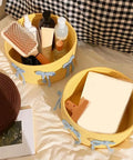 Legit Handwoven Cotton Storage Basket With Snug Dustproof Lid Solid Home Hub Organizer Perfect For Bedroom Clothes And Living Room Gear Nifty Space Saving Set Up You Will Score, featuring yellow baskets holding personal items.