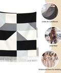Black And White Piano Grid Winter Scarf Crafted From Plush Faux Cashmere With Extended Fringe Edges, displayed in a stylish setting.