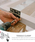 10 Piece Quick Release Toggle Clamps Set For Woodworking And Welding Fixtures in use with a drill securing a hinge