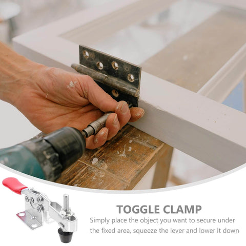 10 Piece Quick Release Toggle Clamps Set For Woodworking And Welding Fixtures in use with a drill securing a hinge