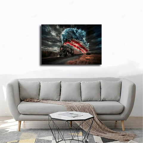 All American Vintage Train Canvas Print With American Flag Steam Locomotive, Framed Wall Art For Living Room, 18x12 Inch