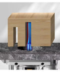 Pro Two Blade Straight Slotting Router Bit With Blue Nano Coating For Precision Grooving And Cutting Woodworking cutting a wood block.