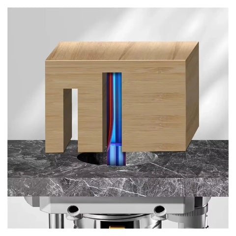 Pro Two Blade Straight Slotting Router Bit With Blue Nano Coating For Precision Grooving And Cutting Woodworking cutting a wood block.