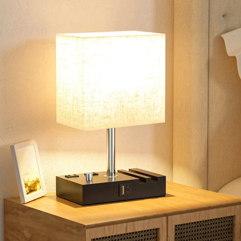 Set Of 2 Dimmable Beige Bedside Lamps With USB C Ports And Dual Charging Outlets, Wooden Nightstand Table Lamps With Phone Stands, LED Bulbs Included