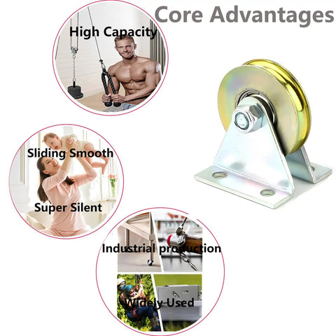 One And A Half Inch Beefy Bearing Wheel Wire Rope Pulley Block For Lifting With Bracket 200 LB Capacity Quiet Low Noise Rolling Guide Wheel For Indoor And Outdoor Use, steel bracket