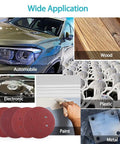 130 Piece Pro Grade 6 Inch Sanding Discs Set With 6 Hole Pattern Grit Range 40 To 2000 For Random Orbital Sander shown with applications on various materials including automobile, wood, electronic, plastic, paint, and metal.