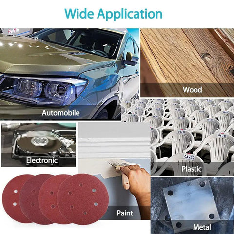 130 Piece Pro Grade 6 Inch Sanding Discs Set With 6 Hole Pattern Grit Range 40 To 2000 For Random Orbital Sander shown with applications on various materials including automobile, wood, electronic, plastic, paint, and metal.
