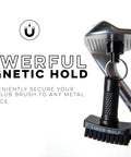 Mini Golf Club Brush Portable Cleaner With Quick Release Magnet shown attached to a golf club, illustrating magnetic hold.