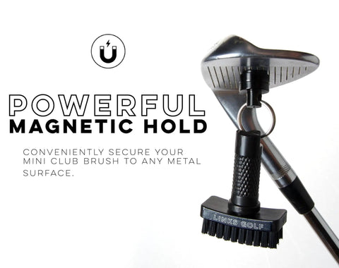 Mini Golf Club Brush Portable Cleaner With Quick Release Magnet shown attached to a golf club, illustrating magnetic hold.