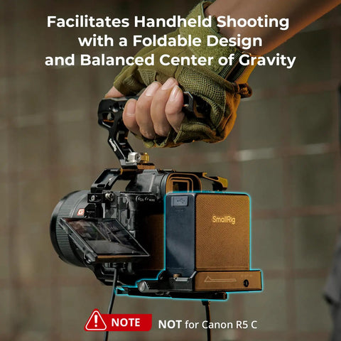 NP-F Battery Plate With Quick Release And Arca Swiss Mount on DSLR camera, handheld grip, showing foldable design