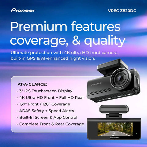 Dual Dash Cam For Your Ride Front And Rear, 4K Front And 1080P Rear displayed with features and night vision capabilities