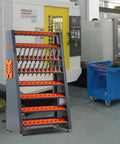 Beefy Heavy Duty Tool Holder Rack For Machining Shops And Garages With Eight Row CAT40 Organizer And Parts Box All Steel Construction shown in a workshop setting.