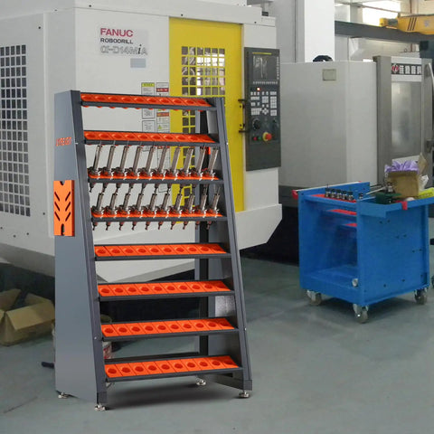 Beefy Heavy Duty Tool Holder Rack For Machining Shops And Garages With Eight Row CAT40 Organizer And Parts Box All Steel Construction shown in a workshop setting.