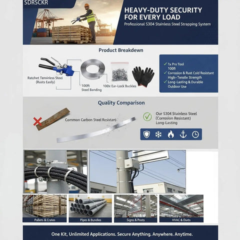 Heavy Duty Steel Strapping Kit Three Quarter Inch By One Hundred Foot S304 Stainless Coil With Manual Ratchet Tensioner And Cutter Plus One Hundred Ear Lock Buckles A Real Workhorse For Pallets Pipes And Bundling, product breakdown