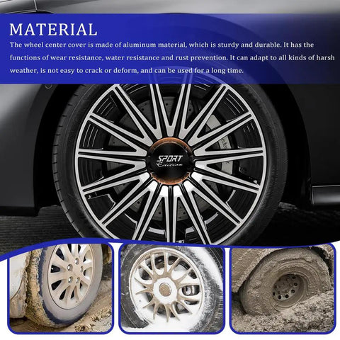 Upgrade Your Daily Ride With These Sick 56MM Aluminum Wheel Center Caps Set on a car wheel, showcasing sport design and durability.