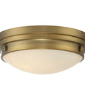 Lucerne Industrial Flush Mount Ceiling Light With White Glass Shades Two Light 120 Total Watts Warm Brass Finish
