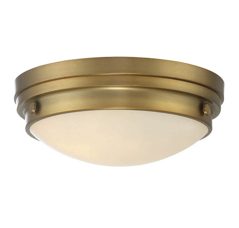 Lucerne Industrial Flush Mount Ceiling Light With White Glass Shades Two Light 120 Total Watts Warm Brass Finish