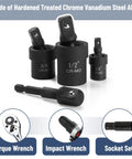 Universal Joint Socket Adapter Set For Drills And Impact Drivers, Six Piece, One Half Inch, One Quarter Inch, Three Eighths Inch Swivel Adapters, Chrome Molybdenum Steel Construction, Heavy Duty Durability, CR-MO adapters in 1/4, 3/8, 1/2 sizes