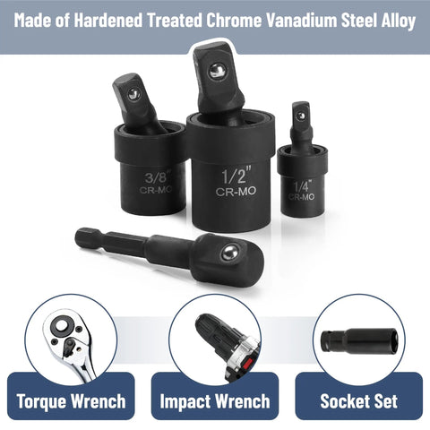 Universal Joint Socket Adapter Set For Drills And Impact Drivers, Six Piece, One Half Inch, One Quarter Inch, Three Eighths Inch Swivel Adapters, Chrome Molybdenum Steel Construction, Heavy Duty Durability, CR-MO adapters in 1/4, 3/8, 1/2 sizes