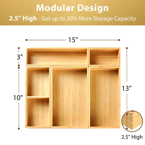 2.5 Inch High Bamboo Drawer Organizer With Five Rearrangeable Bins For Kitchen, Office, Makeup, Jewelry And Closet