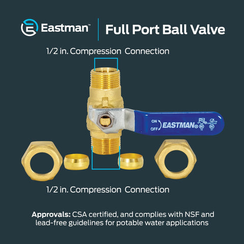 Eastman brass 1/2 in compression full-port ball valve with blue lever handle