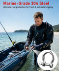 Man using a Rock Solid 3/8 Inch 304 Stainless Steel D Ring Tow Shackle on kayak for secure marine rigging.