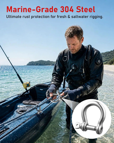 Man using a Rock Solid 3/8 Inch 304 Stainless Steel D Ring Tow Shackle on kayak for secure marine rigging.