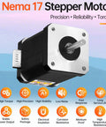 Front view of NEMA 17 stepper motor with silver flange, protruding shaft and side white connector