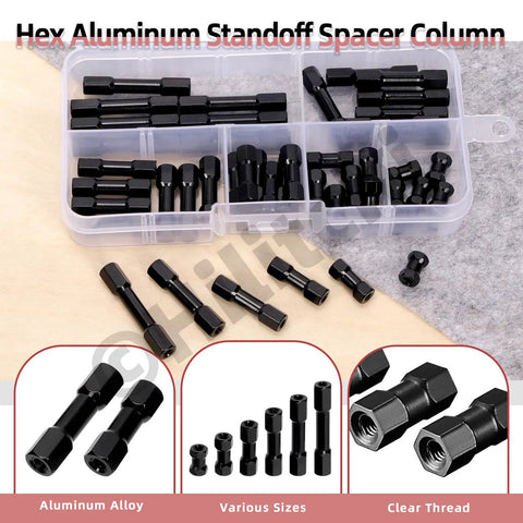 48 Piece Hex Aluminum Standoff Spacer Kit In 6 Sizes M3 Black Hex Columns for Drones Quadcopters DIY showing various sizes