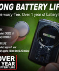 CR2032 battery next to Velo Wireless Bike Computer With Real Time Speed And Pace Arrow, Max And Average Speeds, Total And Trip Distances device