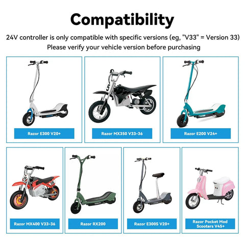 Compatibility chart for 24V Electric Scooter Controller Kit Replacement For Razor MX350 MX400 E200 E300 E300S Pocket Mod