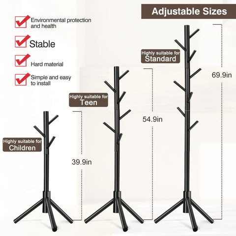 Freestanding Wooden Coat Rack With Eight Hooks And Three Section Adjustable Height Tree Design For Bedroom Hallway Or Office