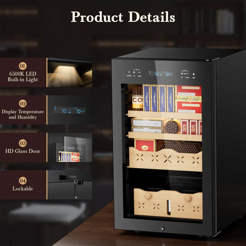 65L Electric Cigar Humidor With Big 500 Count Capacity, smart temperature and humidity control, Spanish cedar wood drawer, LED display