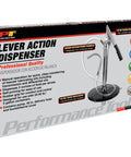 Front view of box featuring Performance Tool W54232 lever-action bucket pump for 5-gallon pails, black with hose.