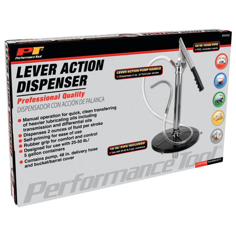 Front view of box featuring Performance Tool W54232 lever-action bucket pump for 5-gallon pails, black with hose.