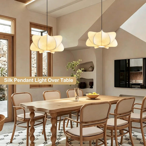 Pandaluna 15.75in Lantern Pendant Light, Wabi Sabi Faux Silk Hanging Lamp above wooden dining table.