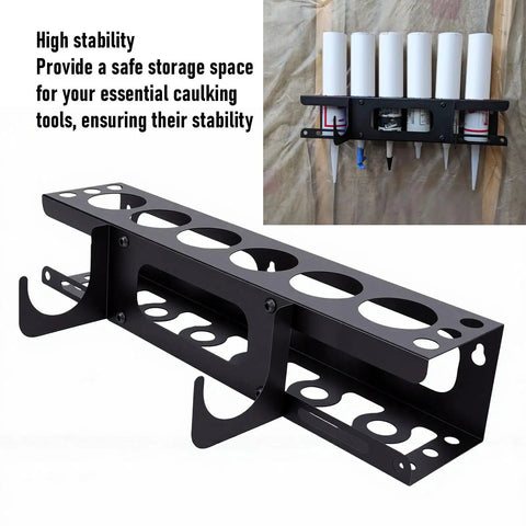 Caulking Gun Holder Wall Mount Rack With Storage for one gun six tubes and six nozzles in heavy-duty iron on display