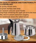 Disassembled view of Two Cup 100ml Stainless Steel Moka Pot Espresso Coffee Maker For Stovetop Brewing With Italian Classic Greca Style Mocha Machine showing components.