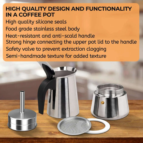 Disassembled view of Two Cup 100ml Stainless Steel Moka Pot Espresso Coffee Maker For Stovetop Brewing With Italian Classic Greca Style Mocha Machine showing components.