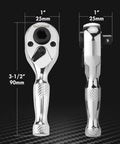 Prograde 1/4 Inch Stubby Ratchet Wrench Dual Socket Bit Driver 72 Tooth Chrome Alloy displayed front and side views.