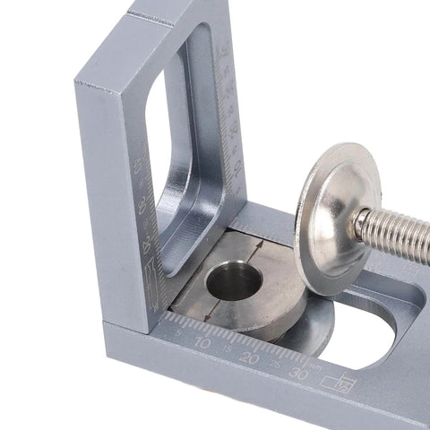 Close-up of Adjustable Drill Guide For Woodworking Pro Grade Dowel Drilling Jig, showing 6061 aluminum body and guide markings.