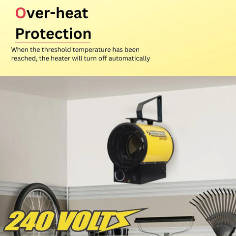 Heavy Duty 240V Electric Forced Air Heater For Garage And Workshop With Wall Or Ceiling Mount installed on wall