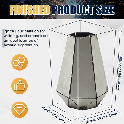 Valentine's Day Welding Kit For Beginners DIY Vase And Two Flower Project With 304 Stainless Steel Plate TIG And MIG Practice Starter Metalworking Set Ideal Gift To Level Up Your Welding Skills And Spark Creative Projects showing finished vase size.