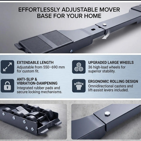 Heavy Duty Extendable Appliance Rollers With Thirty Six Upgraded Black Wheels For Moving Dryers Washing Machines Fridges And Furniture Sliding Gear, adjustable base and large wheels.