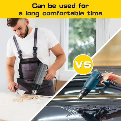 Two images of Heavy Duty 1850W Heat Gun With Dual Temperature Settings used for DIY projects and car detailing.
