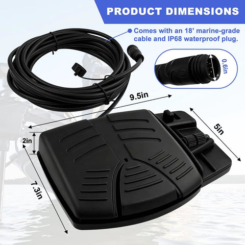 Slick Corded Trolling Motor Foot Pedal With 18 Ft Cable For 12V And 24V Bow Mount Rigs showing dimensions and marine-grade cable.