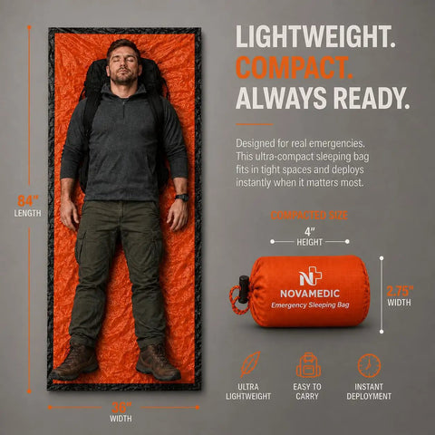 Man lying on Emergency Sleeping Bag Reflective Mylar Heat Retention, Lightweight Portable Survival Gear for Outdoor Adventures