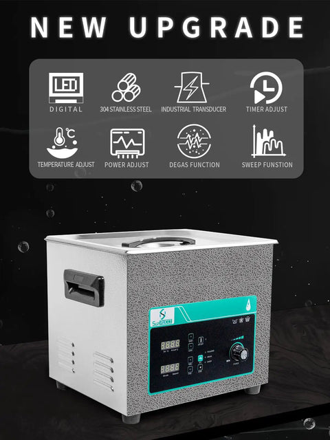 10 Gallon Heavy Duty Workhorse Ultrasonic Cleaner With Adjustable Heat And Sweep Feature to clean engine parts, featuring stainless steel design.